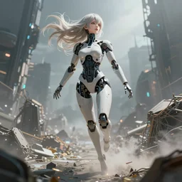 detailed, sharp, dreaming humanoid female automata floating above a dystopia by Anna Dittmann , by WLOP, digital art, surreal, trending on artstation, anime arts, featured on Pixiv, HD, 8K, highly detailed, good lighting, beautiful, epic