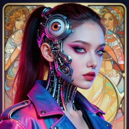 head and shoulders portrait of woman with mechanical eye in neon leather jacket, pale skin, piercing eyes, cyberpunk, vibrant color, high detail, intricate, impossible beauty, ponytail, masterpiece by craig mullins, ruan jia, peter mohrbacher, krenz cushart, norman rockwell, alphonse mucha