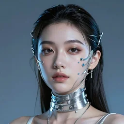 portrait of a beautiful futuristic woman layered with high-tech jewelry wrapping around her face and head, silver-blue light