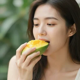 A woman eating a mango