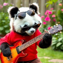a photo of a fuzzy panda wearing sunglasses and red shirt playing a guitar in a garden