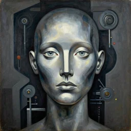 a portrait headshot of sci fi metallic human, bright eyes, melancholic complex geometric figure liminal machinery by oskar schlemmer, moebius, john berkey, film grain, oil on canvas, portrait facial head, featured on artstation, hd wallpaper, 8 k