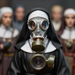 closeup portrait of tin toy gothic nun wearing a gas mask, depth of field, zeiss lens, detailed, symmetrical, centered, fashion photoshoot, by nicoletta ceccoli, mark ryden, lostfish, earl nore, hyung tae, frank frazetta, breathtaking, 8 k resolution, extremely detailed, beautiful, establishing shot, artistic, hyperrealistic, octane render