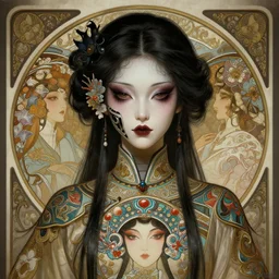 portrait of a gothic girl, machine face, upper body, decorated with chinese opera motifs, traditional chinese art, intricate, elegant, highly detailed, digital painting, artstation, concept art, smooth, sharp focus, illustration, art by artgerm and greg rutkowski and alphonse mucha, 8 k