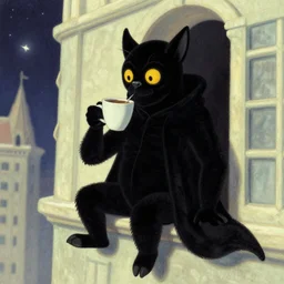 zorro qui boit un cafe sur le tout d'un batiment dans l'espace