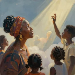 a black woman ancestor watching her kids from the sky ( ( ( ( volumetric light ) ) ) ), high angle, part by pearl fryar, part by prince damah, cinematic, poetic, smooth, portrait, trending on artstation, cinematic view, illustration, painting.