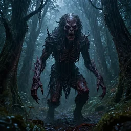 a terrifying creature of silentt hill in an enchanted forest at night during torrential rain, very complex, maximalist, overdetailed, legendary cinematic, darkfantasy, highly intricate, realism, perspicious detail, silent hill aesthetic, photorealistic, lifelike, dslr 8 k, unbeatable coherency