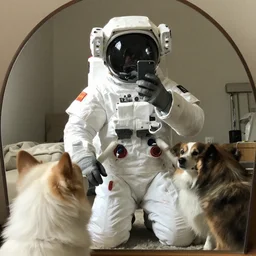 an astronaut taking a selfie, there are dogs in the reflection