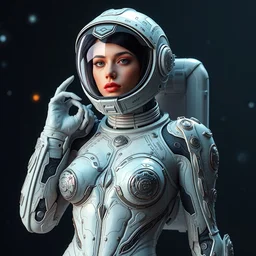 ornate sexy voluptuous cyborg in full body skin space suit, helmet, concept art, joshua rife, photoshoot, intricate, highlydetailed, space background, artstation 4 k raytracing, shadows, highlights, illumination