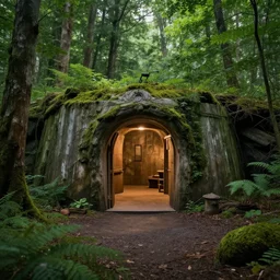 a secret bunker found in a luxurius forest, hyper detailed, 8 k, trending on artstation