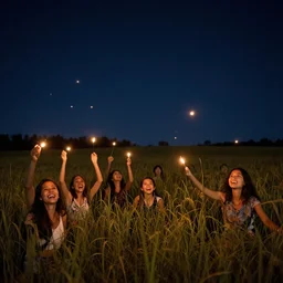 a lot of fun bulbs fly over the field, night, stars, field, smiles, emotions, photoreal image