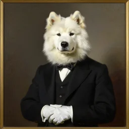old painting of a man in gentleman's clothes wearing a realistic mask of a samoyed dog and white gloves