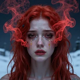 crying symmetrical face of gorgeous woman with red hair made of red smoke and ash with golden tears, art by beksinski, deep eyes, dark blue atmosphere, snow landscape background, concept art, artstation, art by anato finnstark