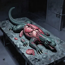 daniel brereton paints atomic kaiju autopsy on massive obsidian operating table, rugated organs displaced for nocturnals sinister path graphic novel
