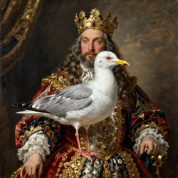 the royal king's gull with long hair by greg hildebrant fancy rococo baroque regal oil painting high quality award winning clothed in fancy garb