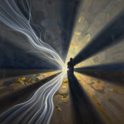 an energy stream flowing left to right. it flows through a figure in the center. | painting by craig mullins