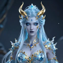 Malevolent Ice Queen with gold leaf in the style of Artstation, Unreal Engine, photorealistic, highly detailed