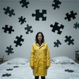 wide portrait of a dark-haired woman wearing a yellow raincoat in front of a bed covered with white line, black puzzle pieces are hovering in the air, atmospheric, cinematic, ultra detailed, volumetric lighting, photography, by Weta Digital