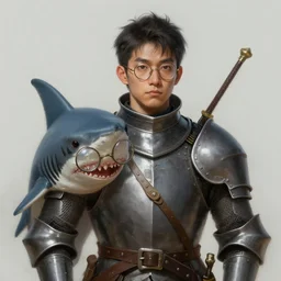 digital painting of a knight with glasses and his hunched squire with round glasses, shark head, fantasy, portrait, scifi, realistic, detailed, concept art, ruan jia, wlop