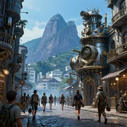 rio de janeiro in a steampunk style, travelers walking the streets, 8 k resolution, by hugh ferris and john smith and noriyoshi ohrai, polished, fine detail, intricate, blue color scheme, steampunk style, smooth, octane, concept art, trending on artstation