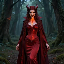 evil fire sorceress in the woods, cocktail dress, corset, long cloak, evil, grin, dnd, highly detailed, detailed face, burning hands, fire everywhere, smooth, sharp focus, manga illustration, by artgerm, greg rutkowski, alphonse mucha