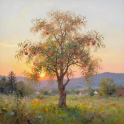 a beautiful painting by banska stiavnica nature in sunset, translucent fruit tree, peach, by greg rutkowski and james gurney, artstation