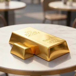 a solid gold bar on a cafe table on a sunny day.