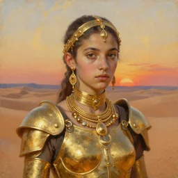 a young dejah thoris on mars wearing armor made of gold, after a battle, closeup portrait, gold jewelry, sand dunes to the horizon, sunset, oil painting on canvas, john singer sargent