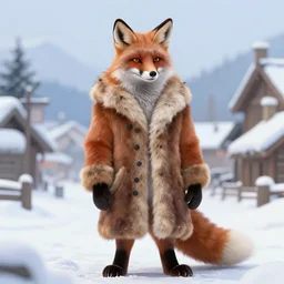 an anthropomorphic fox man wearing a long fur coat in a snowy village, character illustration by greg rutkowski, thomas kinkade, Howard Pyle, El Greco, Cynthia Sheppard, Rembrandt