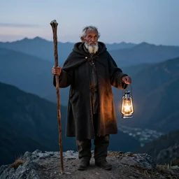 An old man wearing a cloak standing on a mountain peak. He is carrying a staff in one hand and a lit lantern containing a six-pointed star in the other. In the background is a mountain range.