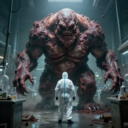 a huge grotesque globular flesh monster grows out of control in a grungy science lab, horror movie scene, one single man in a hazmat suit