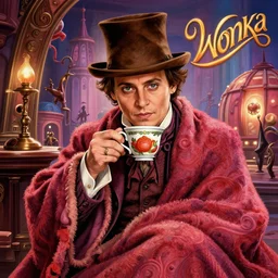 Johnny Depp is covered in a blanket and drinking tea in Willy Wonka's Chocolate Factory, Illustration, Colorful, insanely detailed and intricate, super detailed, by Kyle Lambert