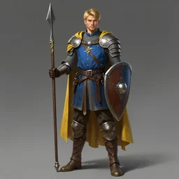 highly detailed concept art by Greg Rutkowski of a rugged young knight with blonde hair and blue eyes and a short beard  wearing a blue shirt over chain mail and steel pauldrons and a yellow cape and leather boots holding a shield and a warpick, concept art, realistic, masterpiece, ArtStation