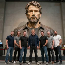 group of human men worshipping giant statue of joe rogan in real life, 8 k, 4 k uhd, realistic, hyper realistic, super detailed, very detailed, detailed