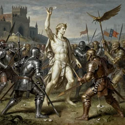 a battle knights vs orcs, epic, highly intricate, by michelangelo