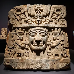 broken section of a stargate inscribed with Mayan gods. Ancient alien artifact by Pacal Votan. 4K high quality museum collection photograph