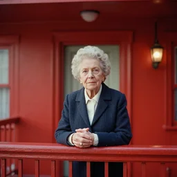 1986 color Medium Shot portrait of a very well-dressed old lady in a balcony of a red hotel, photo made by Wes Anderson award winning, 4K