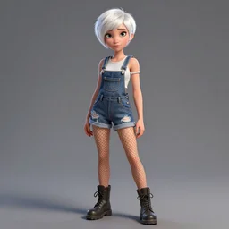 full body pose, pixar, beautiful androgynous girl, white pixie cut hair, torn overalls, short shorts, combat boots, fishnets, beautiful, highly detailed face, true anatomy!, extremely detailed!, digital painting, unreal engine 5, art by tom bagshaw