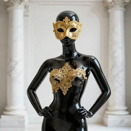 a beautifully sculpted mannequin made of black glass with gold lace masquerade face mask, ornamented, opulent, elaborate, confident, marble columns in background, innovative avant - garde art, photorealistic portrait, crisp quality and light reflections, clean linework, finely detailed, 4 k, rule of thirds, trending on artstation, volumetric lighting, octane render