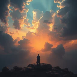 ta ha, volumetric lighting, highly detailed, by greg rutkowski, complementing colors, god looking at me, lofty heavens, holy man looking at ground
