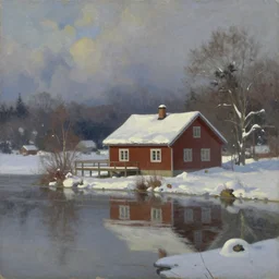 an oil painting of a lake house in winter