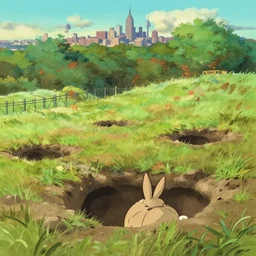 a wholesome animation key shot of a cute empty daytime august landscape with rabbit holes, metal fence and new york city in far distance, studio ghibli, pixar and disney animation, sharp, rendered in gouache painting, anime key art by greg rutkowski, by frank frazetta, bloom, dramatic, dynamic lighting
