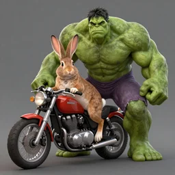 A rabbit with the body of the Hulk and with a motorcycle by his side, Greg rutkowski, trend in artstation, cinematographic