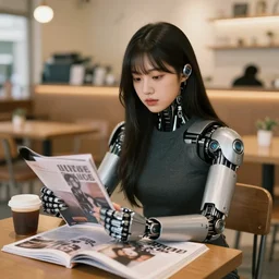 young adult korean robot cyborg woman in a coffee shop, dark apparel, magazine photo, 3 3 mm