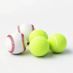 two baseballs to the left of three tennis balls