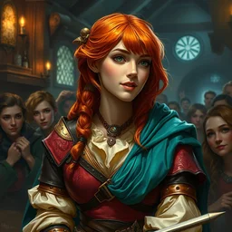 a young shy smile red head bard woman, speaking to a crowd in a tavern, ( ( ( colorful leather armor ) ) ) cream blouse, teal cloak, portrait by daniel docciu and dave dorman and artgerm