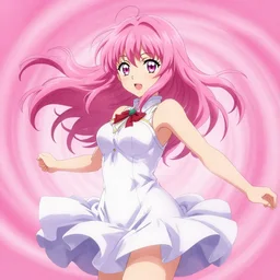 “anime girl, flowing pink hair, extremely beautiful, swirly pink background, action shot, by Kurahana Chinatsu, trending on PixArt”