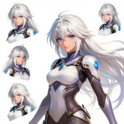 highly detailed, digital art, pixiv fanbox, trending on artstation, ray tracing, volumetric lighting, sharp focus, hq, overwatch style dps female character, long messy wild white hair and blue eyes, character concept design sheet, turnaround sheet, arcane, by artgerm, wlop, greg rutkowski, miyazaki hayao