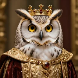 close-up portrait of anthropomorphic owl Prince, man with a head of owl, glowing eyes, in a crown wearing long royal robe