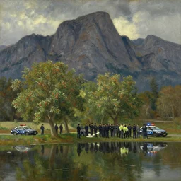 oil painting lanscape by anders zorn, nature, fruit trees, very very very very beautiful art, dramatic light, water reflections, tall rocky mountains, police making arrests, detaining people, cop cars, sirens